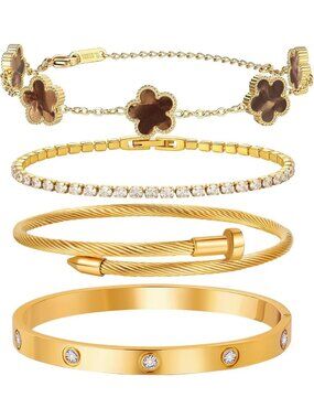 Set of 4 Adjustable Gold Plated Love Bangles - Floral Clover & Crystal Stackable